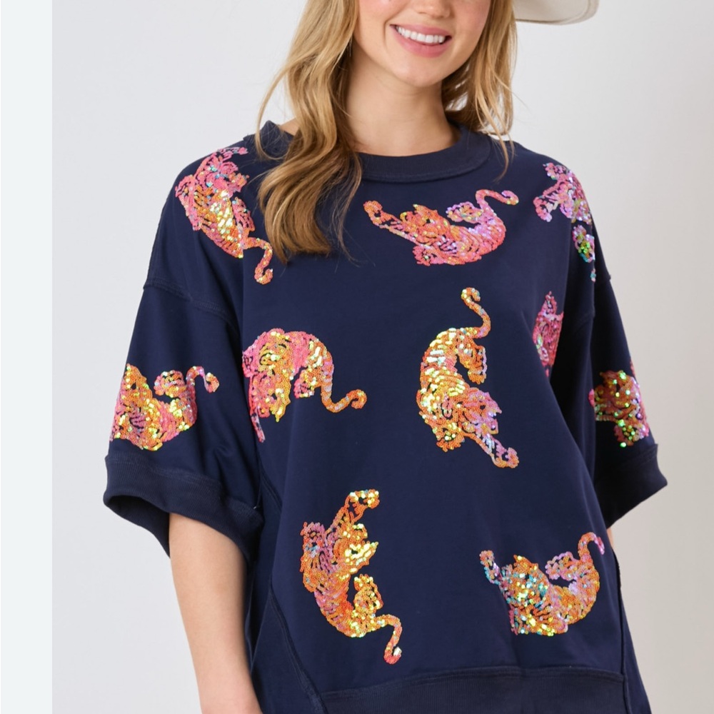 Fantastic Fawn Navy Sweatshirt with Sequin Pink & Gold Flamingos